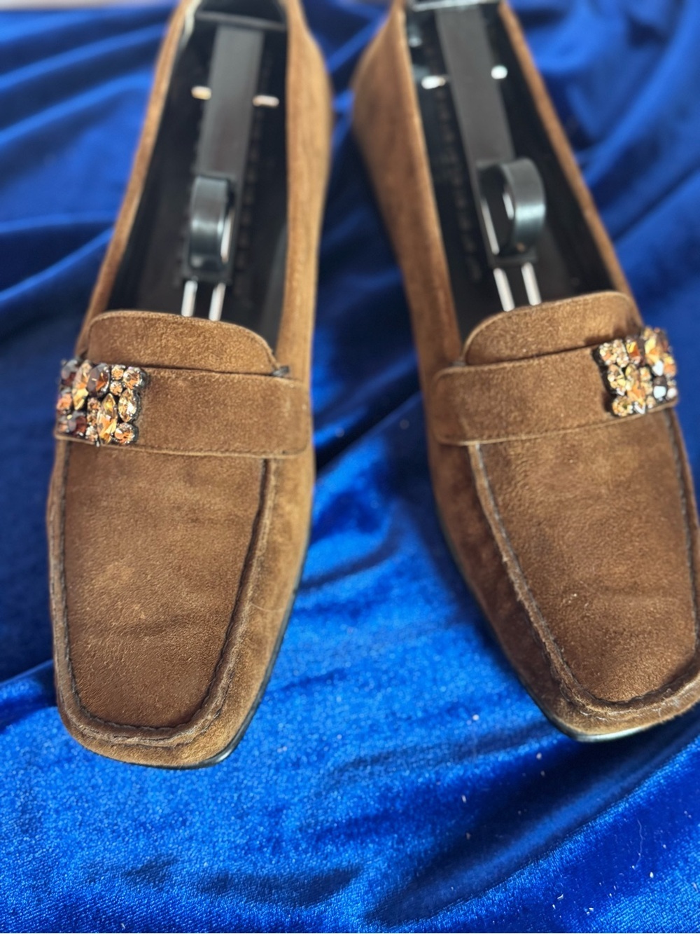 Stuart Weitzman Brown Suede Slip-On Loafers with Jewel Accent